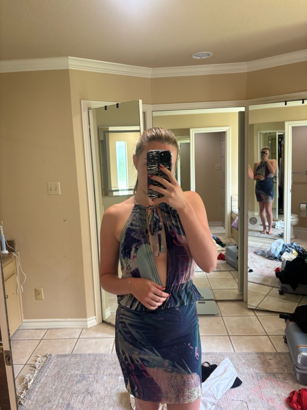 Sleeveless Midi Halter Dress in Navy Multi